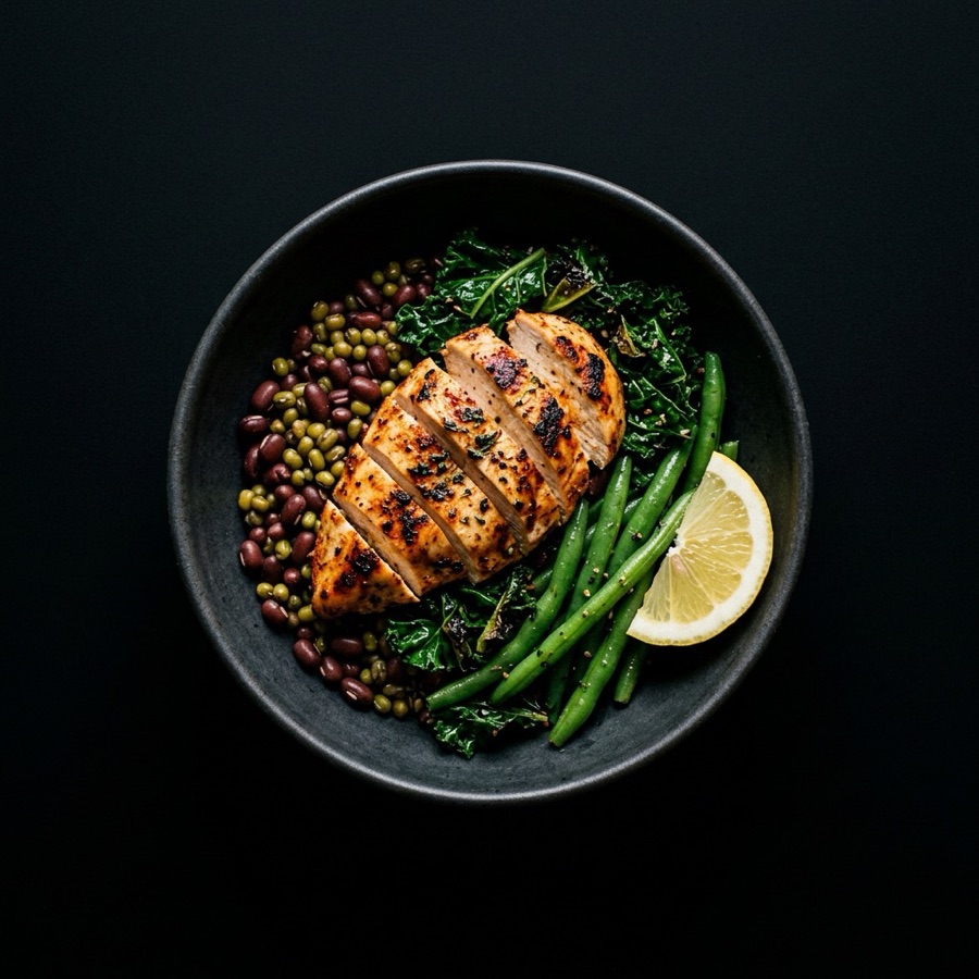 Scanned bowl of chicken, beans, kale and green beans